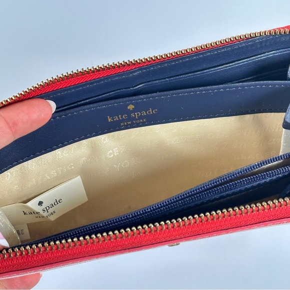Kate Spade Zip Wallet Coral Cream Stripe Continental - Picture 7 of 13